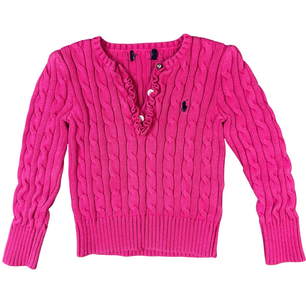 Polo Ralph Lauren Girls Pink Cable Knit Ruffle Henley Sweater Cotton Pony Logo